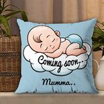 AWANI TRENDS Satin Coming Soon Mumma Pregnant Gift For Wife Women Sister Pregnancy Gift For Baby Shower Printed Cushion Cover(12 X 12 Inch) With Filler-Blue,200 TC