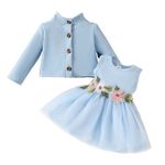 JiAmy Baby Girls Dress Outfits Sleeveless Floral Print Tulle Tutu Dresses Long Sleeve Waffle Cardigan Coat 2Pcs Clothes Set for Toddler Girl 2-3 Years Blue