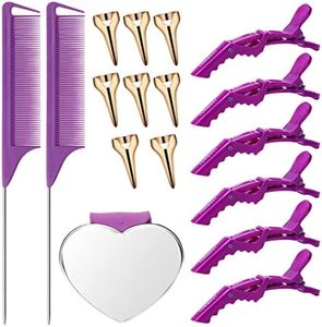 Coldairsoap 8 Pieces Hair Parting Ring 2 Pieces Metal Rat Tail Comb 6 Pieces Hair Sectioning Clip with Magnetic Wrist Sewing Pin Holder for Braiding (Purple)