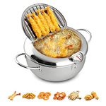 Deep Fryer Pot, Small Tempura Deep Fryer Stainless Steel Japanese Frying Pot with Thermometer, Lid and Oil Drip Drainer Rack for Home Kitchen French Fries Shrimp Chicken Wings and Shrimp(3.4L, 24CM)