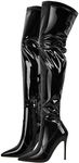 MissHeel Women’s Thigh High Boots Heeled Patent Leather Pull On Knee High Boots Pointed Toe Zipper up Black Boots Size 6