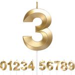 URAQT Birthday Candle for Cake, 5D Shape Birthday Number Candles, 5.3 inches Gold Glitter Birthday Candles Cake Topper Decoration for Birthday Anniversary Wedding Party Graduation Party(3)