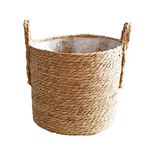 LSFYYDS Diameter of 25cm Seagrass Planter Basket, Natural Plant Pots Containers, Hand Woven Plant Pot Cover with Leak-Proof Plastic Lining for Indoor Outdoor Garden Balcony Home Decoration