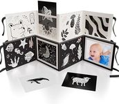 Soft Tummy Time Book w/ Stimulating Baby Safe Mirror - Fun Black and White Montessori Toy w/ Crinkle Filling & 20 High Contrast Designs - Perfect Newborn Toy For Safe and Early Infant Development