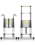 TECKNET Telescopic Ladder 3.8M/12.5FT, Max Load 150kg/330lbs, Aluminium Extension Ladder with Stabilizer Bar & Detachable Hooks, Multi-Purpose Ladder for Home & Outdoor Work Loft Roof Attic RV, EN131