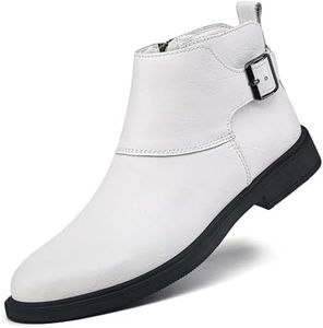 Men's Genuine Leather Pointed Toe Dress Chelsea Boots Adjustable Buckle Inner Zipper Ankle Boots Casual Formal Business Booties (White,7)