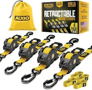 AUGO Retractable Ratchet Straps | 4 Heavy Duty Ratchet Straps Self Retractable Tie Down Straps with Soft Loops & Storage Bag for Motorcycle, Truck, Trailer, Cargo Van | 1200 Lb Break Strength 1” x 10’