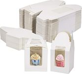 100 Pcs Single White Kraft Cupcakes Boxes（3.7”x3.7”x4.3”） with Display Window and Insert, Portable Bakery Carrier Containers for Holding Small Cake, Muffins, Wedding Birthday Party Favor Mother's Day Gift