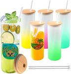 6 Pack Frosted Sublimation Glass Cups,25Oz Color Changing Sublimation Glass Blanks Beer Can Glasses with Lid and Straw Mason Jar Cups Mug for Iced Coffee Juice Soda Drinks