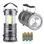 GEMEK 2 x LED Camping Lantern Battery Powered Flashlights Portable 2-in-1 Collapsible COB Lantern Lights for Camping, Car, Shop, Attic, Garage, 6 AA Batteries Included (Gray)