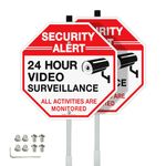 Faittoo Security Sign Video Surveillance Sign with 36" Stake for Outside, 2-Pack 12"x12" Rust Free Heavy Aluminum, Reflective, Fade Resistant, 2 pre-drilled holes, Includes Matching Screws & Wrench,