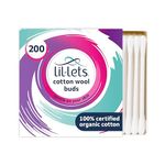 Lil-Lets Cotton Wool Buds, Certified Organic, 100% Pure Cotton Wool Tips, Durable Paper Stems, Plastic Free Cotton Buds, Dermatologically Tested, Pack of 200