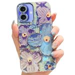 Elzzi Compatible with iPhone 16 Plus Case 3D Laser Flower Oil Painting Cute Colorful Blue Ray Bumper with Full Camera Protection Shockproof PC+TPU Glossy Shiny Cover for Girls Women, Green