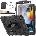 SEYMAC stock 360° Rotating Stand/Hand Strap Shockproof Case for iPad 9th/8th/7th Generation 10.2 inch 2021/2020/2019, Black