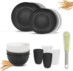 Kitchen Wheat Straw Dinnerware Sets (17pcs) Attached cleaning brush,Service For 4,Plastic Plates and Bowls Sets,Unbreakable Dinnerware,Lightweight Plastic Plate Set