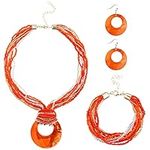 Fiada 4 Pcs Orange Jewelry Set for Women Boho Necklace Earrings Bracelet Set Handmade Shell Beaded Collar Jewelry Pendant Earrings Chunky Multi Strand Statement for Women Girls Gift Summer Beach