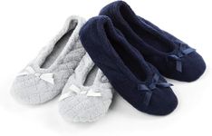 isotoner Women's 2 Pack Ballerina Slipper Quilted and Solid Ballet Flat, Light Grey Quilted, Navy Blue Solid, 6.5-7.5