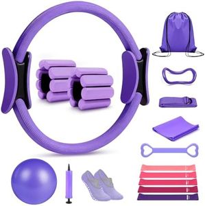 Kanonmaori Pilates Ring Set 15 PCS, Home Pilates Essentials Kit for Women, 12" Pilates Ring and 9" Ball Set, Pilates Kit with Ankle Weights 2LB, Resistance Bands, for Toning & Better Me Gifts(Purple)