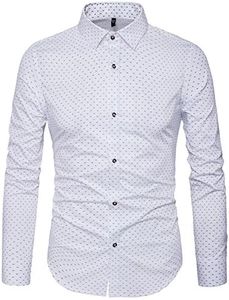 MUSE FATH Men’s Printed Dress Shirt-Cotton Casual Long Sleeve Shirt-Button Down Wedding Dress Shirt-White-L