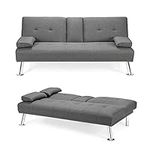 KOMFOTT Upholstered Futon Sofa Bed, Linen Futon Sofa Couch with Adjustable Backrest & Removable Armrests, 2 Cup Holders, Convertible Sleeper Sofa Love Seat for Living Room Apartment (Light Gray)