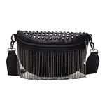 Women Girls Leather Fanny Pack Glitter Rhinestone Tassel Crossbody Shoulder Bag Rivet Chest Bag Fashion Waist Bag, Black, One Size, Fashion