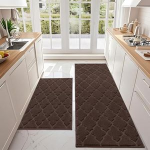 COSY HOMMER 2 Pack Nonslip Kitchen Rug Set, 100% Polyester Absorbent Soft Kitchen Floor Mats Carpet Rug Mat Runners,Machine Washable & Anti-skid TPR Backing, 61x90cm+61x152cm, Brown