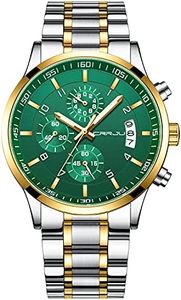 CRRJU Men's Fashion Luxury Casual Stainless Steel Watches Japan Movement Waterproof Business Quartz Wristwatches,Man Golden Green Watches