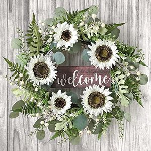 PGANDS Eucalyptus Wreath for Front Door Sunflower Flowers Wreath for All Seasons with Welcome Sign Handmade Artificial Spring Garland for Front Door Garden Window Decor 20 inch