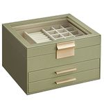 SONGMICS Jewellery Box with Glass Lid, 3-Layer Jewellery Organiser with 2 Drawers, Jewellery Storage, Plenty of Storage, Modern, Gift Idea, 20.3 x 23.1 x 13.5 cm, Avocado Green and Gold JBC239C02