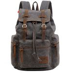 Vintage Unisex Casual Leather Backpack Canvas Rucksack Bookbag Satchel Hiking Backpack Travel Outdoor Shouder Bag (Grey) 27.9 x 16 x 41.9 cm