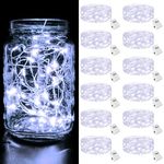 [12 Pack & 3 Modes] Fairy Lights Battery Powered 7FT 20LED Twinkle Lights Battery Mini Lights Small LED String Lights Waterproof Silver Wire for Indoor Mason Jar DIY Wedding Christmas Decor,Cool White