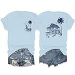 Tuislay Oversized Beach Shirts for Women Palm Trees Beach Graphic Tshirts Summer Hawaiian Vacation T Shirts Baggy Cotton Tops, Light Blue, Medium