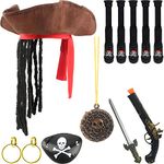 Fahacop 12 Pieces Pirate Costume Pirate Hat with Dreadlocks Pirate Tricorn Hat with Dreadlocks Eye Patch Earring Telescope Pendant Accessories for Halloween Pirate Cosplay Theme Party Supplies