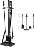 GiantexUK 5-Piece Fireplace Companion Set, Wrought Iron Fire Place Tools Set with Stand, Tong, Shovel, Brush & Poker, Fireside Wood Burner Stove Accessories (Black, 4 Hooks, Rectangular Base)