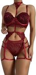 Lilosy Sexy Choker Floral Lace Scallop Sheer Underwire Push Up Garter Belt Lingerie Set for Women, Padded Burgundy Red, Medium