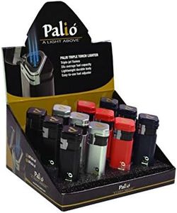 Palio Triple Jet Flame Lighters in Commercial Display, Bulk, Retail Box with 12 Units (3 Black, 3 Red, 3 Silver, 3 Navy)