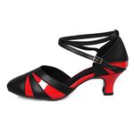 HROYL Women's Dance Shoes Leather Latin/Chacha/Samba/Modern/Jazz Dance Shoes, 5 UK, Black Red1