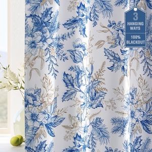 H.VERSAILTEX 100% Blackout Curtains for Bedroom Thermal Insulated Curtains for Living Room Back Tab/Rod Pocket Vintage Floral Curtains with Black Liner, 2 Panels, 52 x 84 Inches, Blue and Wheat