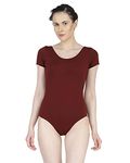 The Dance Bible Women Maroon Classic Leotard Spandex One Piece Solid Short Sleeve Bodysuit (X-Small)