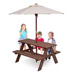 GYMAX Kids Picnic Table, Wooden Children Garden Table and Bench Set with Removable Umbrella, Outdoor Toddler Furniture Set for Boys Girls