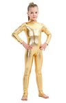 YgneeDom Girls Shiny Metallic Long Sleeve Unitard Spandex One Piece Wet Look Kid Bodysuit, Gold, Medium