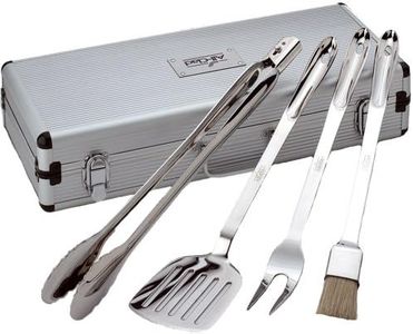 All-Clad T147 Stainless Steel Tongs Spatula Fork and Brush BBQ Tools Cookware Set, 4-Piece, Silver