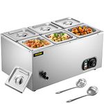 VEVOR 110V Commercial Food Warmer 6x1/6GN, 6-Pan Stainless Steel Bain Marie 12.6 Qt Capacity,1500W Steam Table 15cm/6inch Deep,Temp. Control 86-185, Electric Soup Warmer w/Lids & 2 Ladles