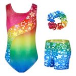 JiAmy Girls Gymnastics Leotards, Glitter Ballet Dance Unitards Biketards Activewear with Short & Hairband for Kids 3-12 Years, Colorful Stars Set, 6-7 Years