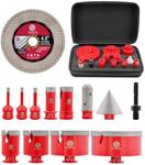 Diamond Tile Hole Saw Kit 13pcs - (6/6/8/20/35/50/75/100mm+20mm Milling Bit+50mm Chamfer Bit+SDS+115mm Saw Blade) Diamond Core Drill Bit Set for Porcelain Tile Ceramic Marble Granite FOCSTOL