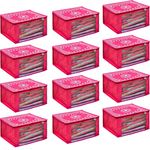 Ankit Traders Saree Cover Bag 3 Layered Foldable Saree Covers / Clothes Storage Bag / Wardrobe Organizer With Transparent Window And Zip For Lehenga, Suit, Dress,& Accessories Clothes Organiser Wardrobe Pink flower design (pack of 12)