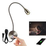 CRISETEK Touch Switch Dimmable Reading Light Wall Mounted Reading Light headboard Reading Light Task Directional LED Gooseneck Light AC (120V) Powered 3W (Brushed Nickel, Warm White)