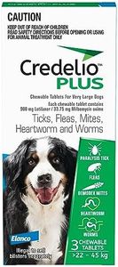 Credelio PLUS Dog Flea and Tick Treatment, Three Pack, Ticks, Fleas, Mites, Heartworm & Worms Parasite Protection, in The Smallest Monthly Chewable Tablet for Dogs > 22-45 kg, 3 Pack