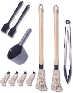 BBQ Mop Brush for Sauce,Cast Iron Sauce Pot,12 Piece Value Set,2Pcs 18’’ Wooden Handles,6Pcs BBQ Mop Brush Heads,1Pcs Kitchen Tong,2Pcs Silicone Brushes& 1Pcs Cast Iron Sauce Pot for Grilling