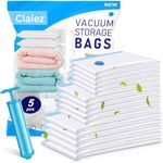 Claiez 5 Pack Vacuum Compression Storage Bags With Pump,Space Saver Vacuum Sealer Bag for Clothes,Blankets,Pillows,Bedding,Double-Zip Transparent Reusable Vacuum Bag for Travel Packing (2S+2M+1LSize)